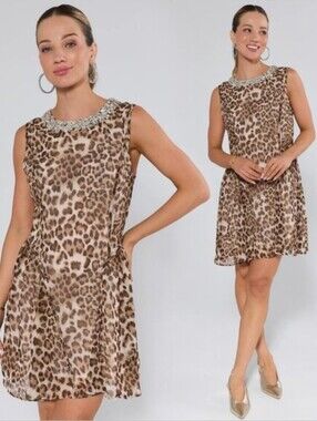 AVARA Jewel-Neck Leopard Print Formal Dress in Brown